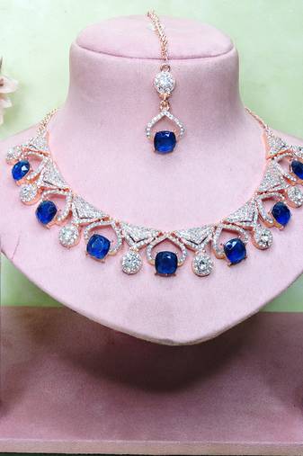 Blue rose gold premium designer american diamond and stone work necklace set