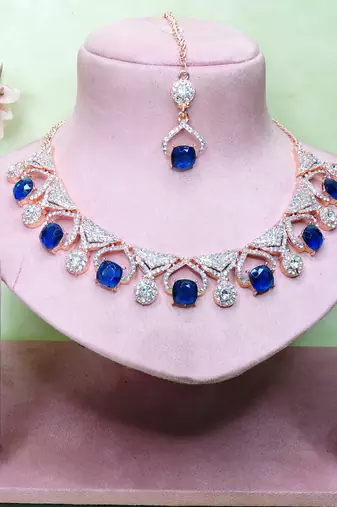 Blue rose gold premium designer american diamond and stone work necklace set