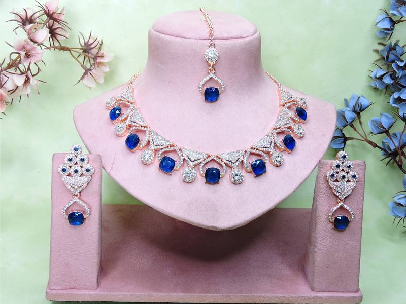Blue rose gold premium designer american diamond and stone work necklace set