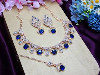 Blue rose gold premium designer american diamond and stone work necklace set 2