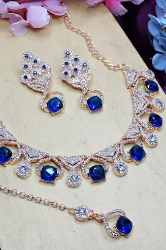 Blue rose gold premium designer american diamond and stone work necklace set