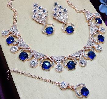 Blue rose gold premium designer american diamond and stone work necklace set 3