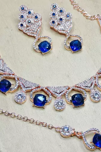 Blue rose gold premium designer american diamond and stone work necklace set