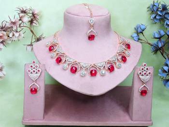 Pink rose gold premium designer american diamond and stone work necklace set 1
