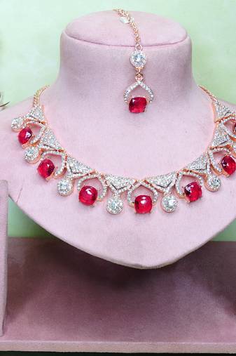 Pink rose gold premium designer american diamond and stone work necklace set