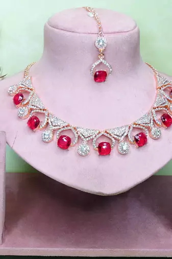 Pink rose gold premium designer american diamond and stone work necklace set