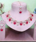Pink rose gold premium designer american diamond and stone work necklace set
