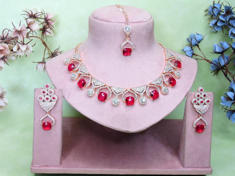 Pink rose gold premium designer american diamond and stone work necklace set