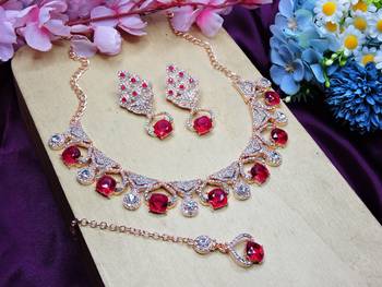Pink rose gold premium designer american diamond and stone work necklace set 2