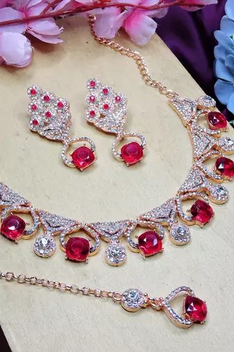 Pink rose gold premium designer american diamond and stone work necklace set