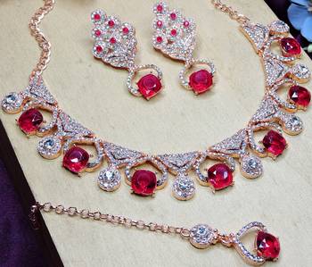 Pink rose gold premium designer american diamond and stone work necklace set 3