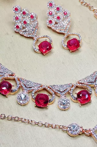 Pink rose gold premium designer american diamond and stone work necklace set