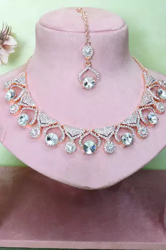 White rose gold premium designer american diamond and stone work necklace set