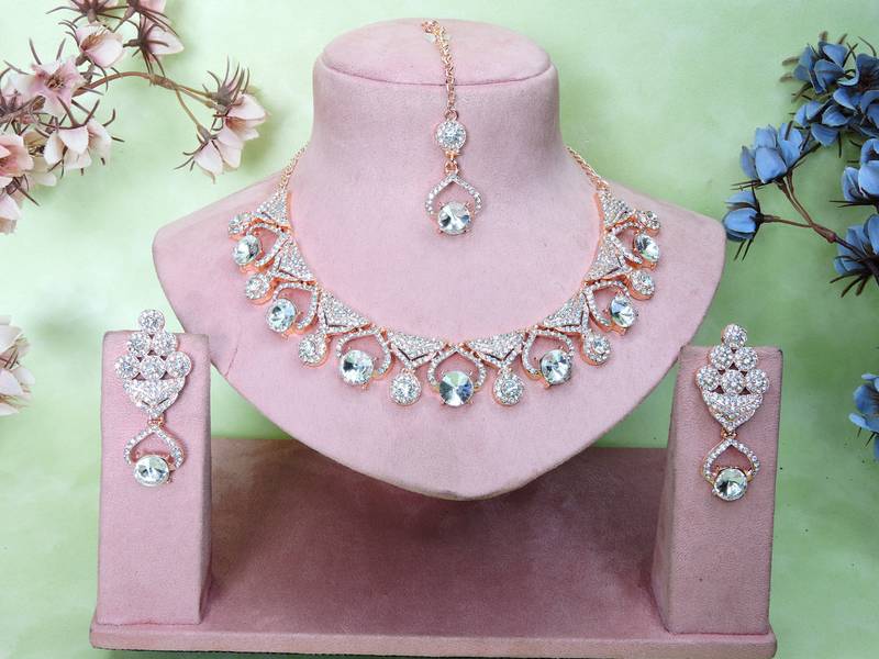 White rose gold premium designer american diamond and stone work necklace set