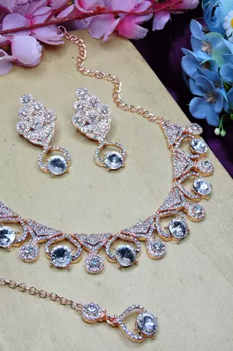 White rose gold premium designer american diamond and stone work necklace set