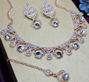 White rose gold premium designer american diamond and stone work necklace set 3