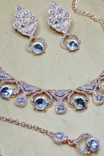 White rose gold premium designer american diamond and stone work necklace set