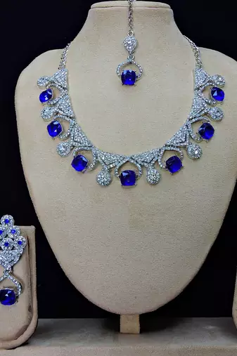 Blue rhodium premium designer american diamond and stone work necklace set