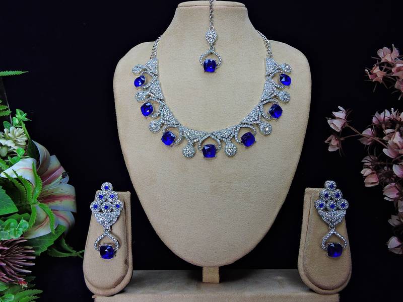 Blue rhodium premium designer american diamond and stone work necklace set