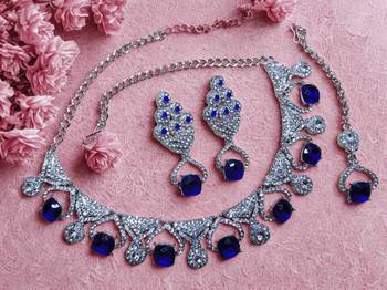 Blue rhodium premium designer american diamond and stone work necklace set 2