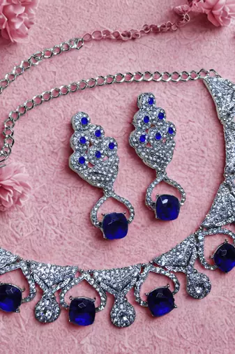 Blue rhodium premium designer american diamond and stone work necklace set