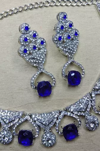 Blue rhodium premium designer american diamond and stone work necklace set