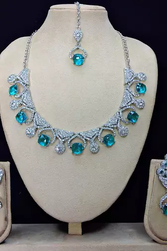 Green rhodium premium designer american diamond and stone work necklace set