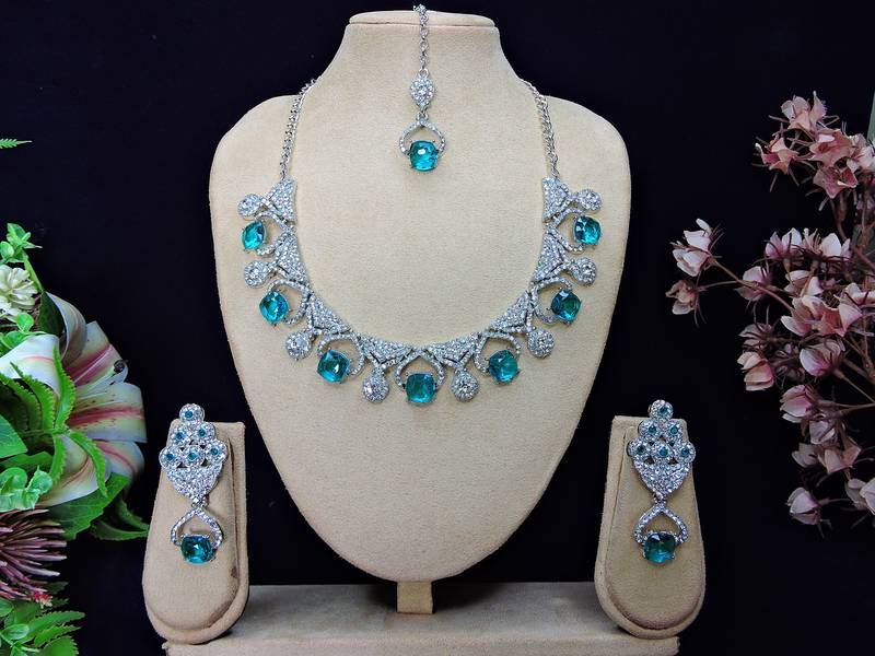 Green rhodium premium designer american diamond and stone work necklace set