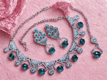 Green rhodium premium designer american diamond and stone work necklace set 2