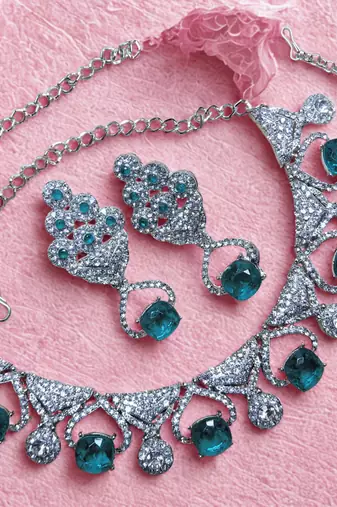 Green rhodium premium designer american diamond and stone work necklace set