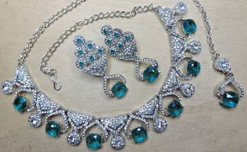 Green rhodium premium designer american diamond and stone work necklace set 3