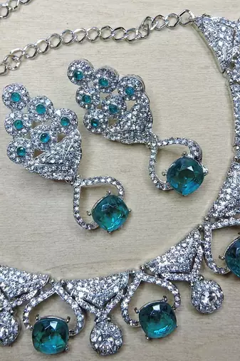 Green rhodium premium designer american diamond and stone work necklace set