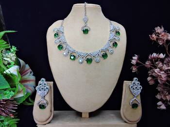 Green rhodium premium designer american diamond and stone work necklace set 1