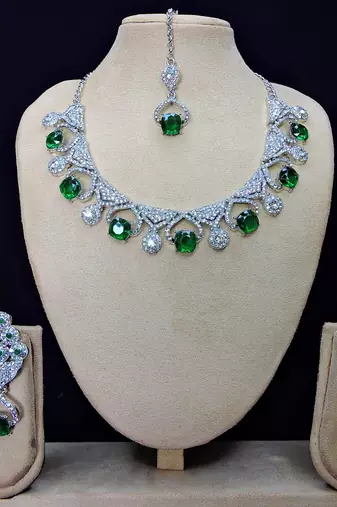 Green rhodium premium designer american diamond and stone work necklace set