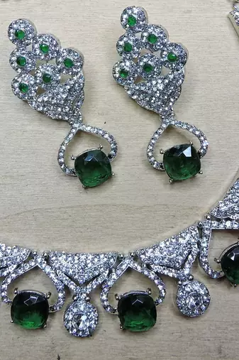 Green rhodium premium designer american diamond and stone work necklace set