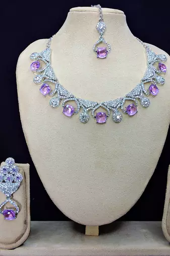 Purple rhodium premium designer american diamond and stone work necklace set