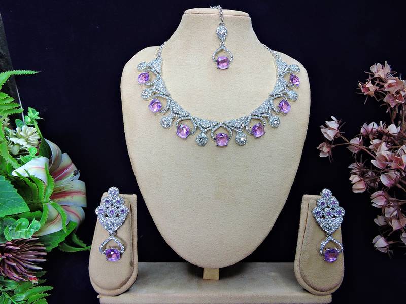 Purple rhodium premium designer american diamond and stone work necklace set
