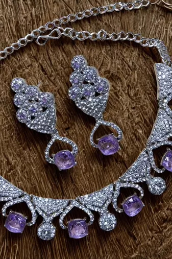 Purple rhodium premium designer american diamond and stone work necklace set