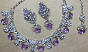 Purple rhodium premium designer american diamond and stone work necklace set 3