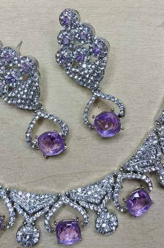 Purple rhodium premium designer american diamond and stone work necklace set