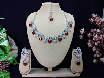 Maroon rhodium premium designer american diamond and stone work necklace set 1