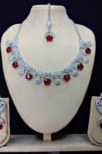 Maroon rhodium premium designer american diamond and stone work necklace set