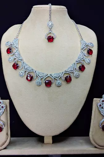 Maroon rhodium premium designer american diamond and stone work necklace set