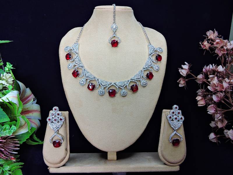 Maroon rhodium premium designer american diamond and stone work necklace set