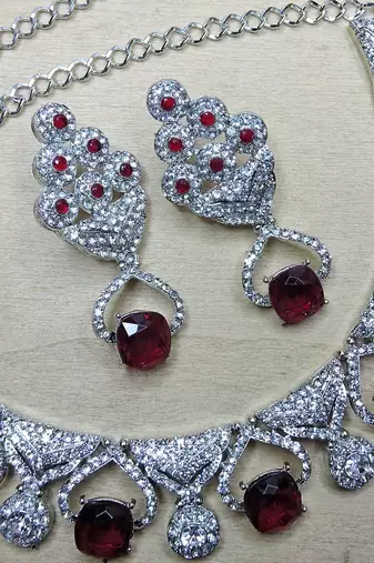 Maroon rhodium premium designer american diamond and stone work necklace set