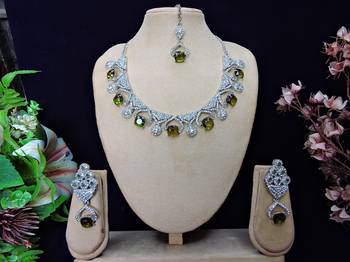 Green rhodium premium designer american diamond and stone work necklace set 1