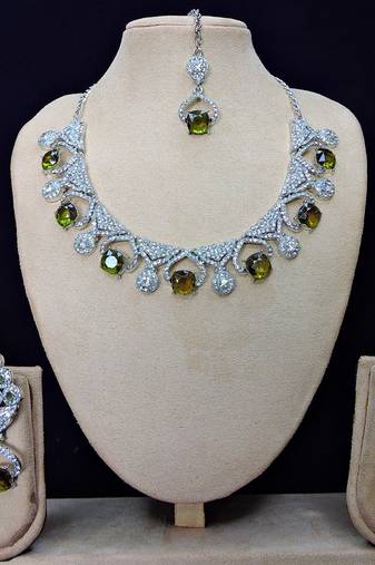 Green rhodium premium designer american diamond and stone work necklace set