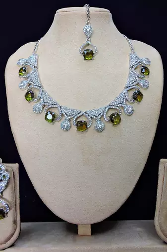 Green rhodium premium designer american diamond and stone work necklace set