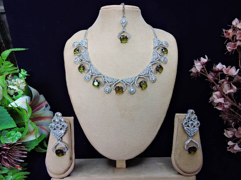 Green rhodium premium designer american diamond and stone work necklace set