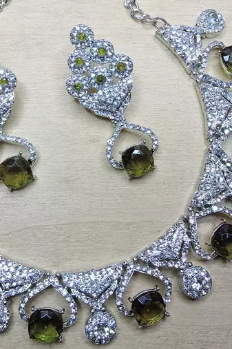 Green rhodium premium designer american diamond and stone work necklace set